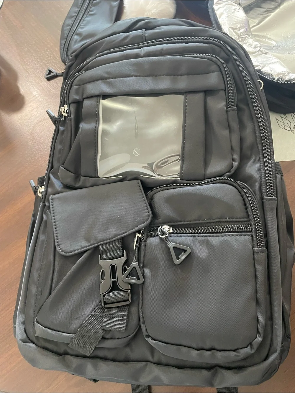 Black Men's Multi-Pocket Utility Backpack with Pom Keychain